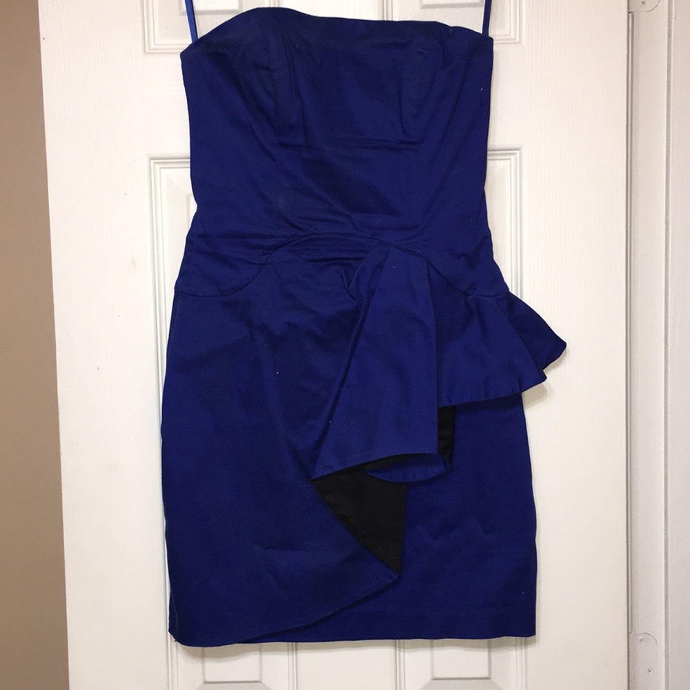 Royal blue strapless dress with ruffles